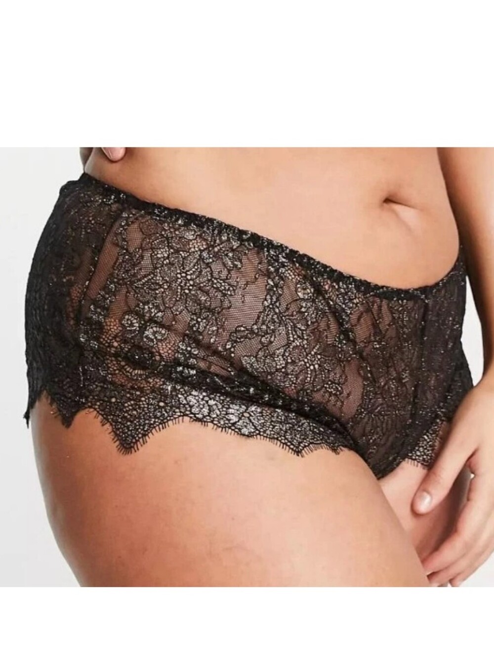 Figleaves Curve ASOS Panty Sz 8 French Cut Briefs Lurex Black Frilly Lace Sheer